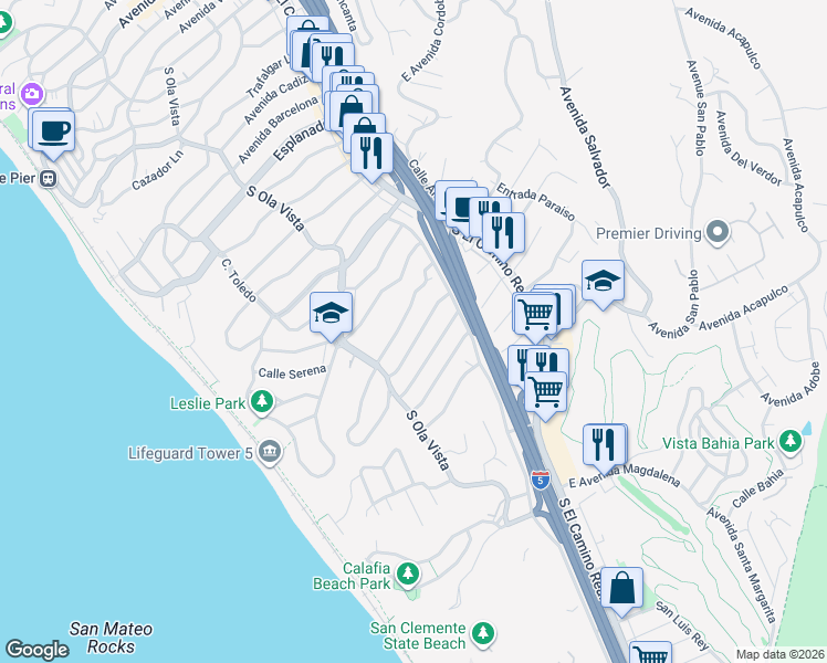 map of restaurants, bars, coffee shops, grocery stores, and more near 154 West Avenida Alessandro in San Clemente