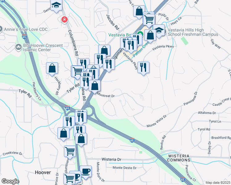 map of restaurants, bars, coffee shops, grocery stores, and more near 2001 Montreat Parkway in Vestavia Hills