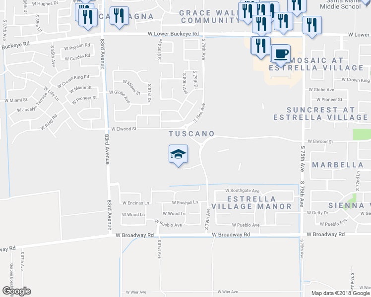 map of restaurants, bars, coffee shops, grocery stores, and more near 3850 South 79th Avenue in Phoenix