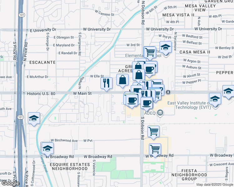 map of restaurants, bars, coffee shops, grocery stores, and more near in Mesa