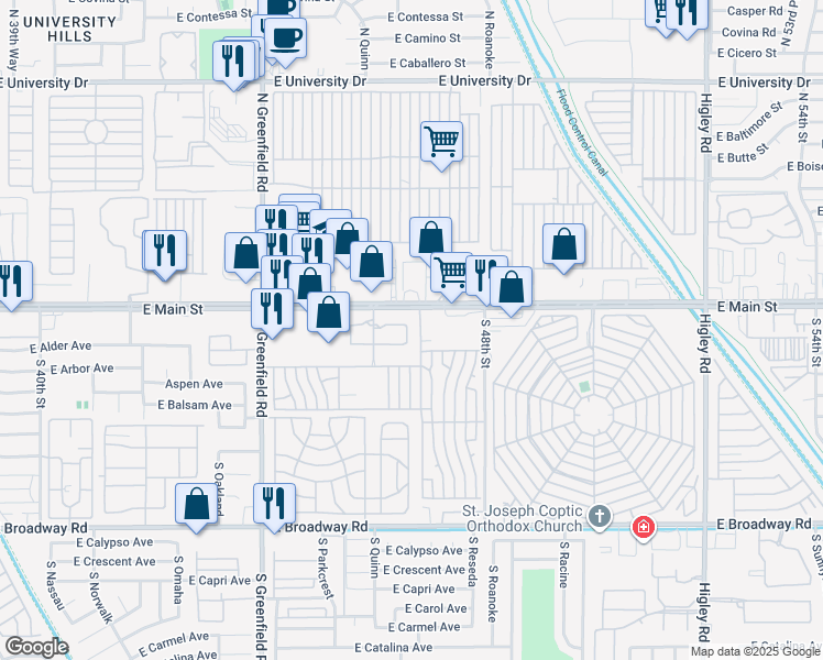 map of restaurants, bars, coffee shops, grocery stores, and more near 4711 East Main Street in Mesa