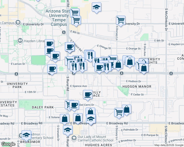 map of restaurants, bars, coffee shops, grocery stores, and more near 1111 East Apache Boulevard in Tempe