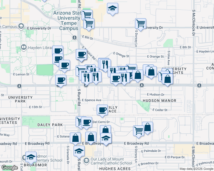 map of restaurants, bars, coffee shops, grocery stores, and more near 1111 East Apache Boulevard in Tempe