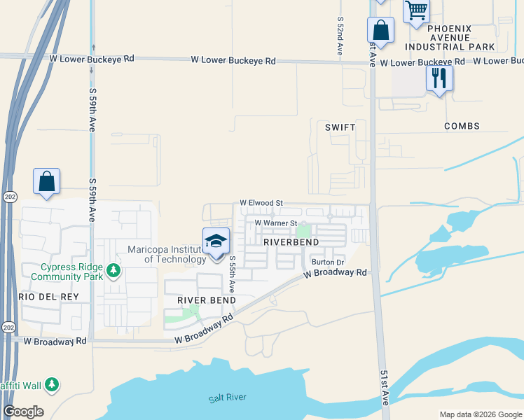 map of restaurants, bars, coffee shops, grocery stores, and more near 5421 West Warner Street in Phoenix