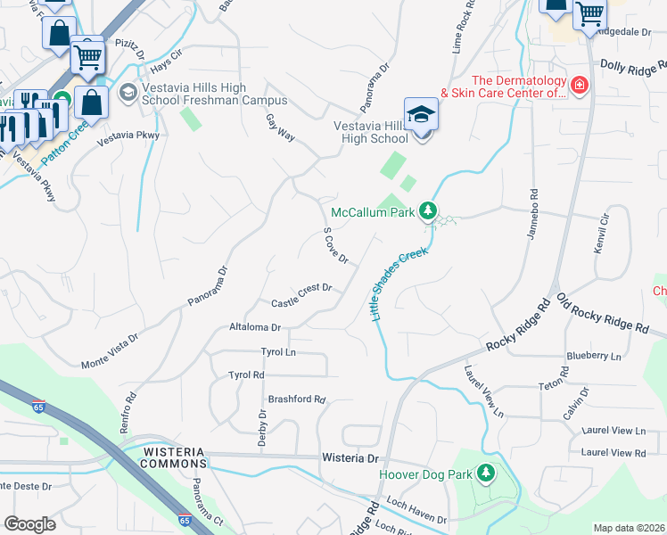 map of restaurants, bars, coffee shops, grocery stores, and more near 3340 Castle Crest Drive in Vestavia Hills