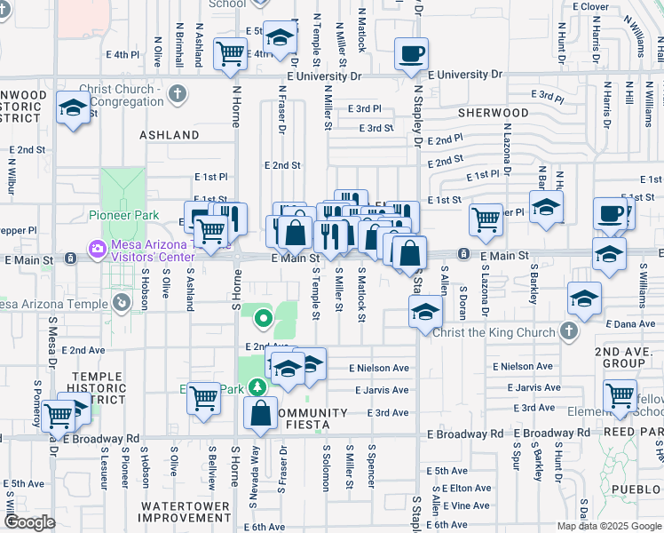 map of restaurants, bars, coffee shops, grocery stores, and more near 37 South Temple Street in Mesa
