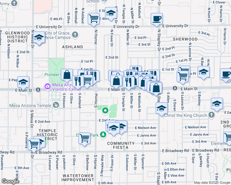 map of restaurants, bars, coffee shops, grocery stores, and more near 919 East Mahoney Avenue in Mesa