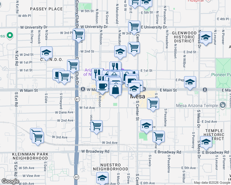 map of restaurants, bars, coffee shops, grocery stores, and more near 99 South MacDonald in Mesa