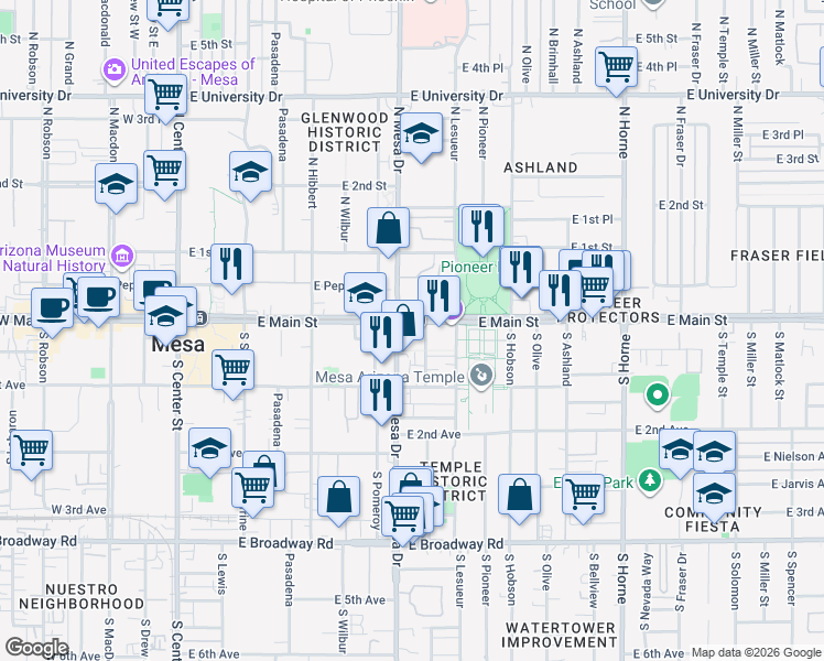 map of restaurants, bars, coffee shops, grocery stores, and more near 435 East Main Street in Mesa