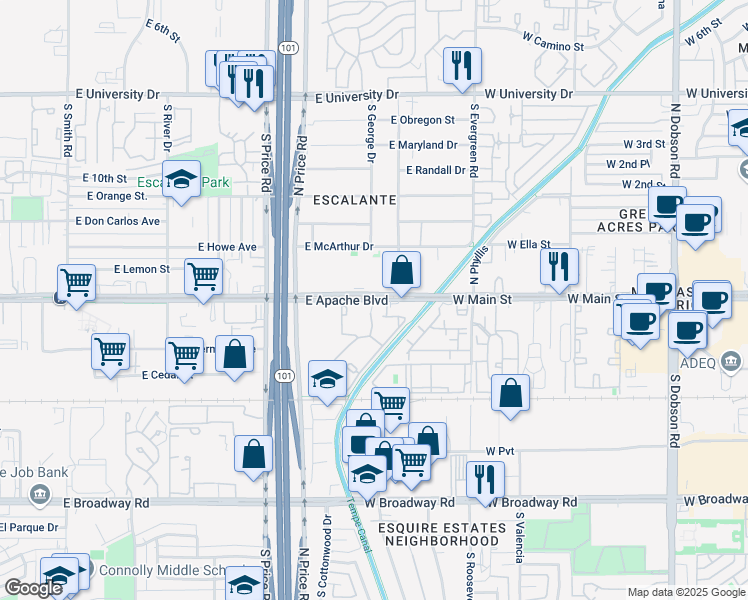 map of restaurants, bars, coffee shops, grocery stores, and more near Alexan Tempe Apartment & Apache Blvd in Tempe