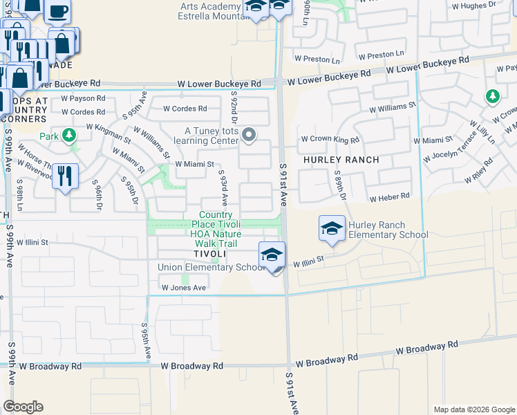 map of restaurants, bars, coffee shops, grocery stores, and more near 3600 South 91st Drive in Tolleson