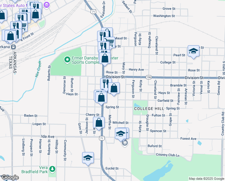map of restaurants, bars, coffee shops, grocery stores, and more near 1400-1498 Hays Street in Texarkana