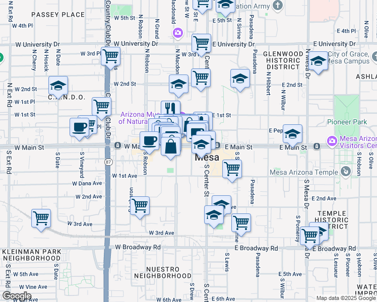 map of restaurants, bars, coffee shops, grocery stores, and more near 42 South Center Street in Mesa