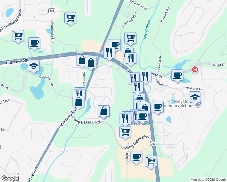 map of restaurants, bars, coffee shops, grocery stores, and more near 429 Old Brook Circle in Birmingham
