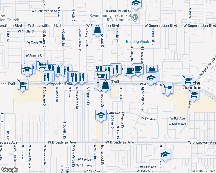map of restaurants, bars, coffee shops, grocery stores, and more near 1520 Apache Trail in Apache Junction