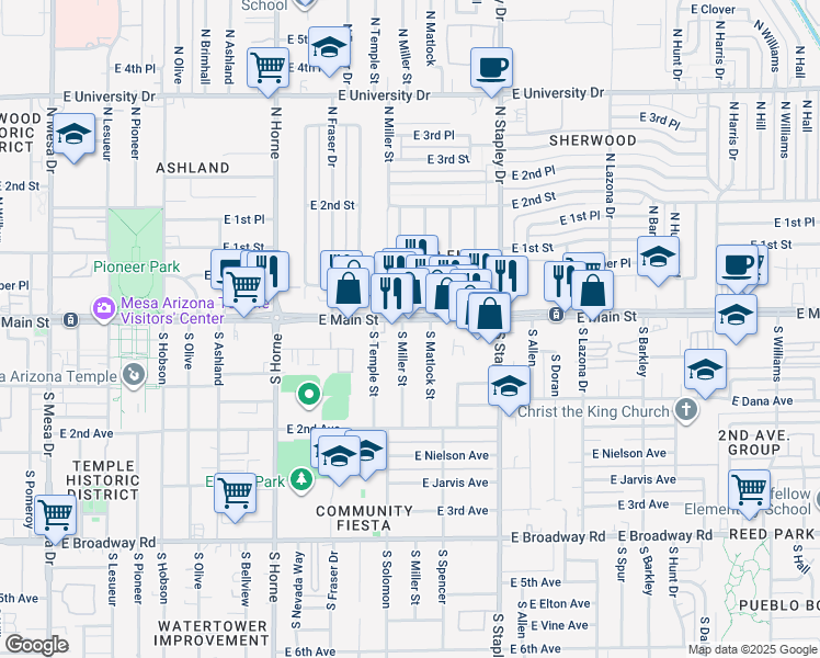 map of restaurants, bars, coffee shops, grocery stores, and more near 1038 East Main Street in Mesa