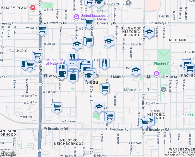 map of restaurants, bars, coffee shops, grocery stores, and more near 41 East Main Street in Mesa