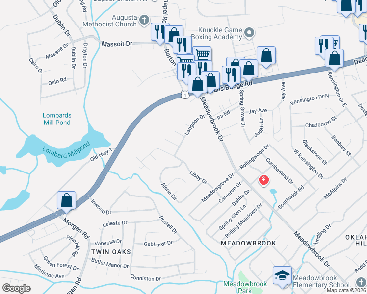 map of restaurants, bars, coffee shops, grocery stores, and more near 3622 Langdon Drive in Augusta