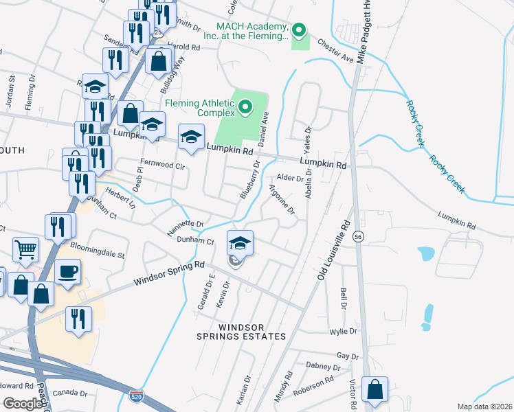 map of restaurants, bars, coffee shops, grocery stores, and more near 1823 Catalina Drive in Augusta
