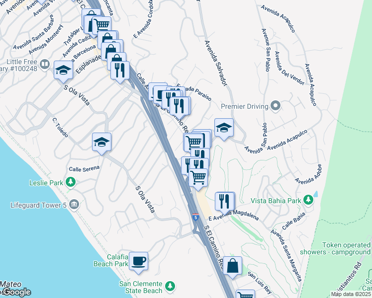 map of restaurants, bars, coffee shops, grocery stores, and more near 1 West Avenida Junipero in San Clemente