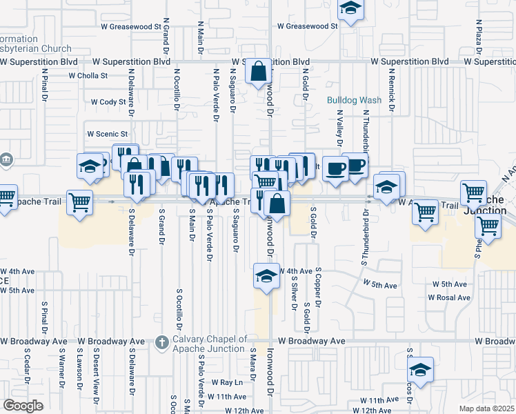 map of restaurants, bars, coffee shops, grocery stores, and more near 28 North Ironwood Drive in Apache Junction