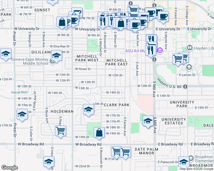map of restaurants, bars, coffee shops, grocery stores, and more near 1209 South Roosevelt Street in Tempe
