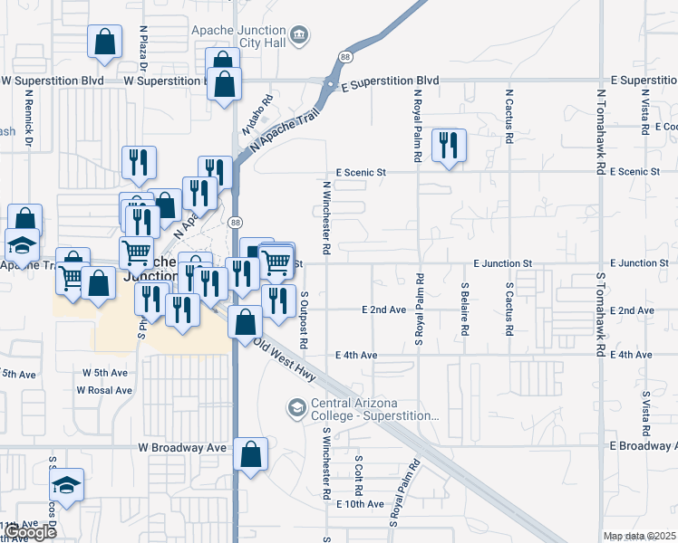 map of restaurants, bars, coffee shops, grocery stores, and more near 430 East Junction Street in Apache Junction