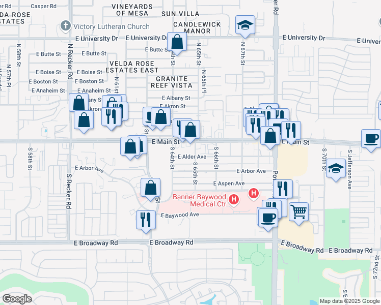map of restaurants, bars, coffee shops, grocery stores, and more near 6453 East Main Street in Mesa