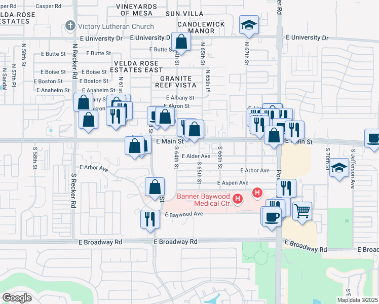 map of restaurants, bars, coffee shops, grocery stores, and more near 6453 East Main Street in Mesa