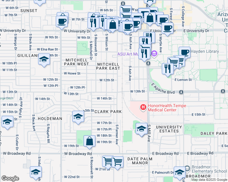 map of restaurants, bars, coffee shops, grocery stores, and more near 1218 South Farmer Avenue in Tempe