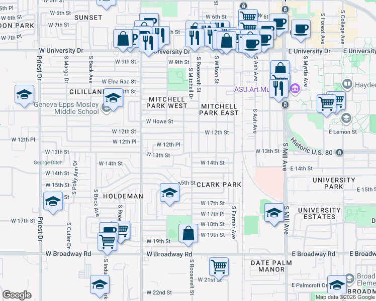 map of restaurants, bars, coffee shops, grocery stores, and more near 1215 South Judd Street in Tempe