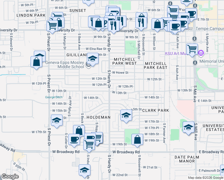 map of restaurants, bars, coffee shops, grocery stores, and more near 1006 West 12th Place in Tempe