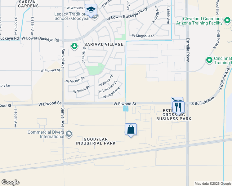 map of restaurants, bars, coffee shops, grocery stores, and more near 3552 South 159th Lane in Goodyear