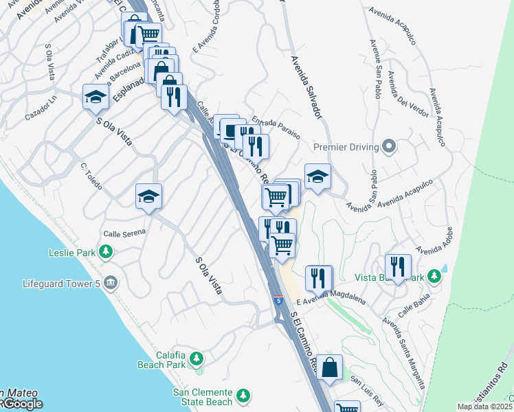 map of restaurants, bars, coffee shops, grocery stores, and more near 1 West Avenida Junipero in San Clemente