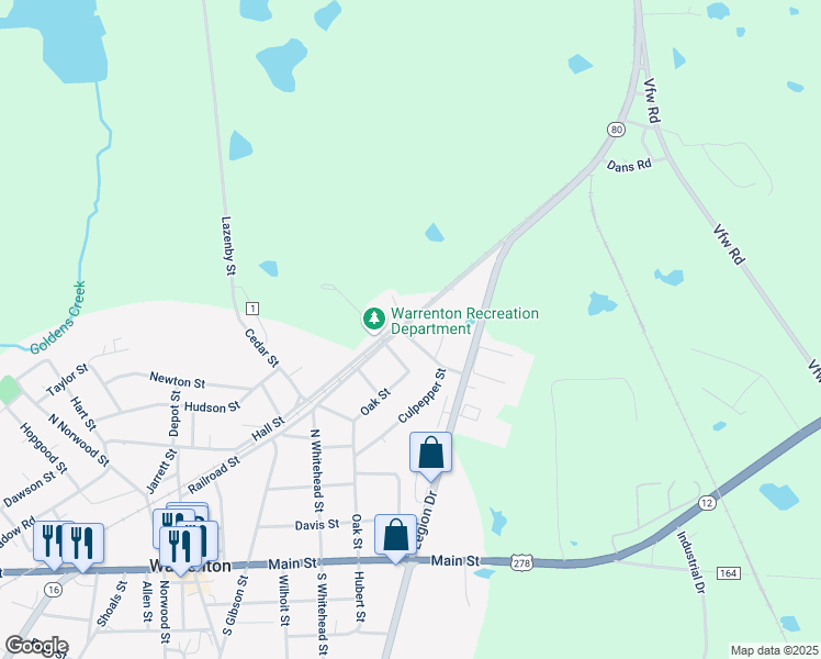 map of restaurants, bars, coffee shops, grocery stores, and more near 648 Railroad Street in Warrenton