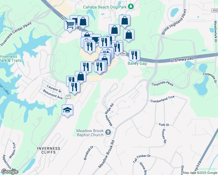 map of restaurants, bars, coffee shops, grocery stores, and more near 707 Morning Sun Drive in Birmingham