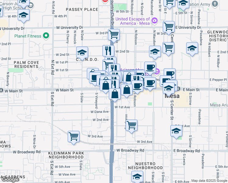 map of restaurants, bars, coffee shops, grocery stores, and more near N Country Club Dr in Mesa