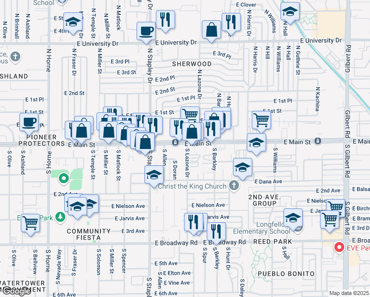 map of restaurants, bars, coffee shops, grocery stores, and more near 1242 East Main Street in Mesa