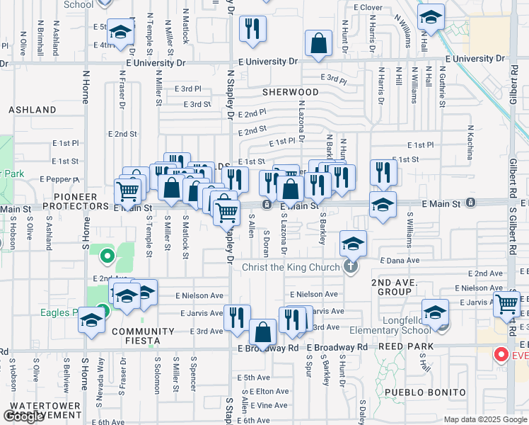 map of restaurants, bars, coffee shops, grocery stores, and more near in Mesa