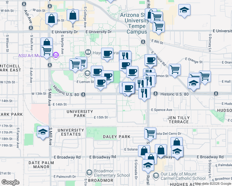 map of restaurants, bars, coffee shops, grocery stores, and more near 500 East Apache Boulevard in Tempe