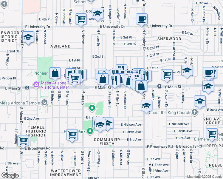map of restaurants, bars, coffee shops, grocery stores, and more near 950 East Main Street in Mesa