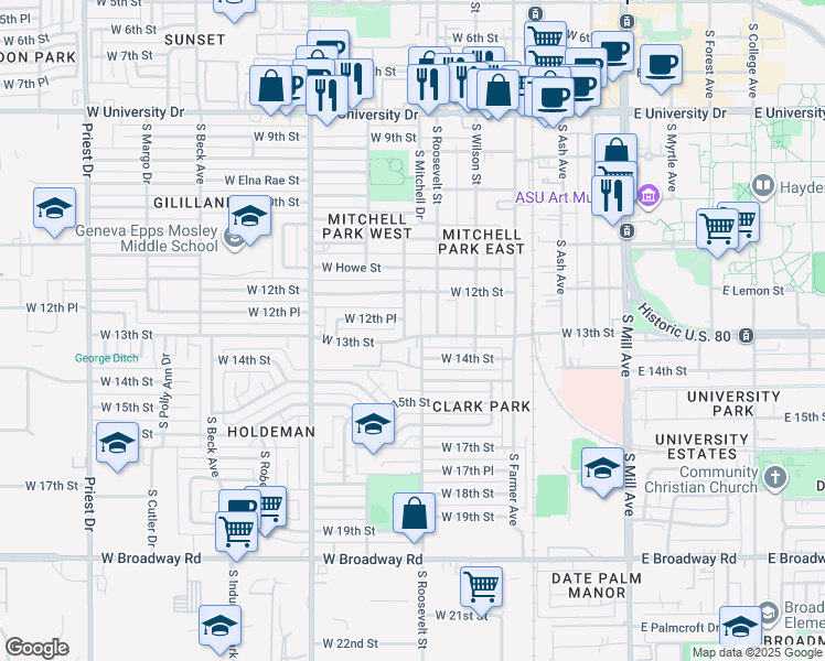 map of restaurants, bars, coffee shops, grocery stores, and more near 1215 South Judd Street in Tempe