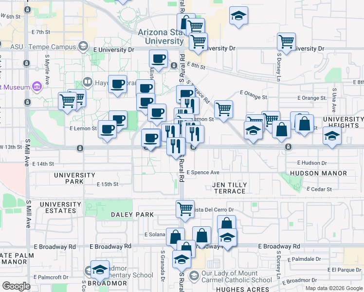map of restaurants, bars, coffee shops, grocery stores, and more near S Rural Rd & Apache Blvd in Tempe