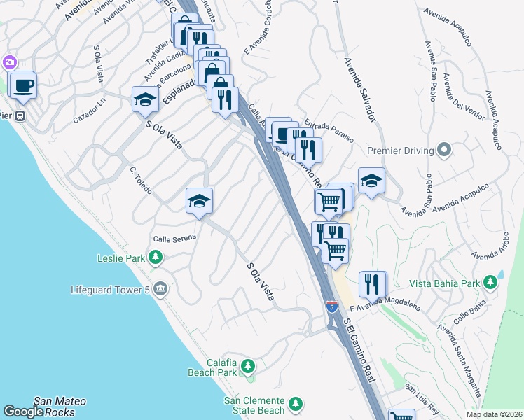 map of restaurants, bars, coffee shops, grocery stores, and more near 135 West Avenida Alessandro in San Clemente