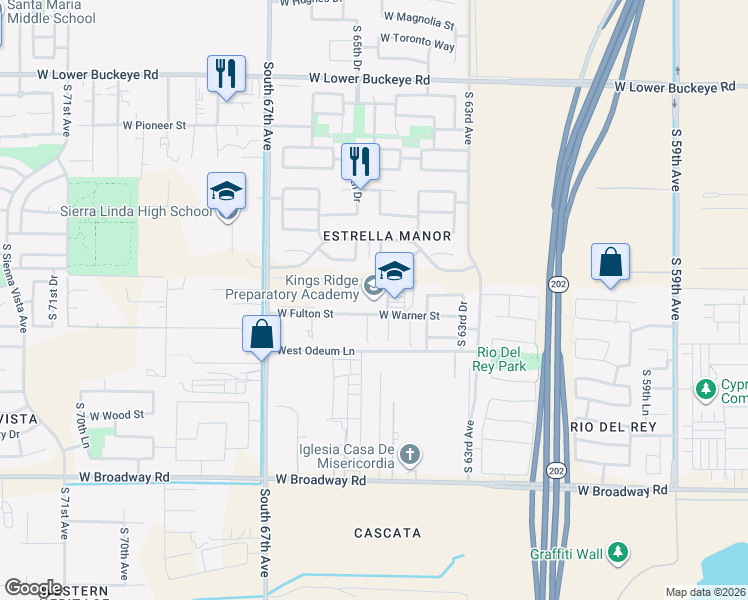 map of restaurants, bars, coffee shops, grocery stores, and more near 3650 South 64th Lane in Phoenix