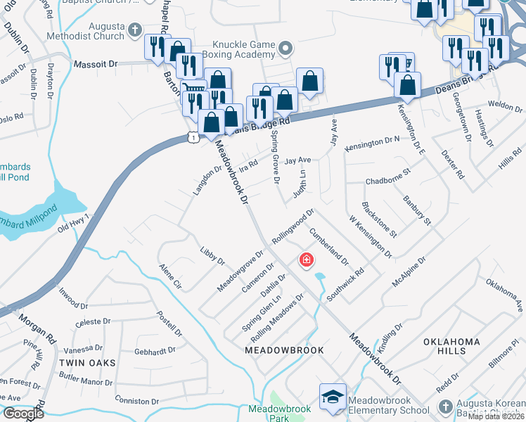 map of restaurants, bars, coffee shops, grocery stores, and more near 3020 Spring Grove Drive in Augusta