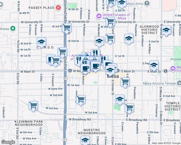 map of restaurants, bars, coffee shops, grocery stores, and more near 136 West Main Street in Mesa