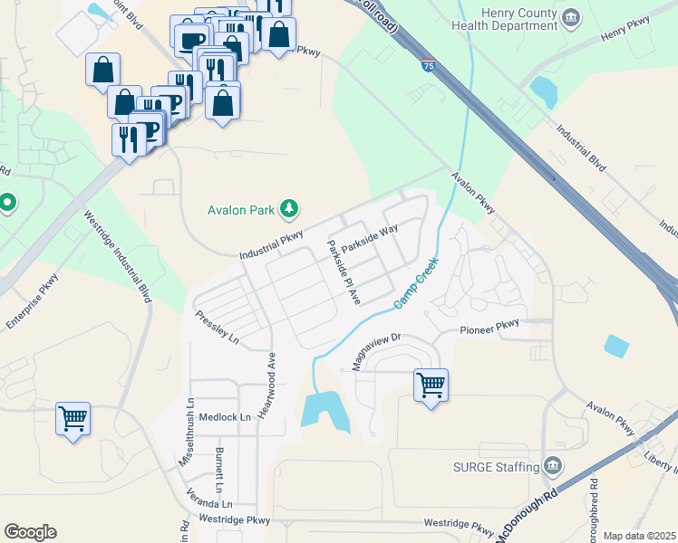 map of restaurants, bars, coffee shops, grocery stores, and more near 463 Parkside Way in McDonough