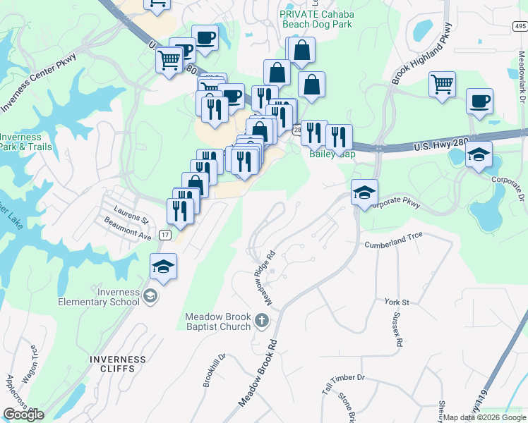 map of restaurants, bars, coffee shops, grocery stores, and more near 804 Morning Sun Drive in Birmingham
