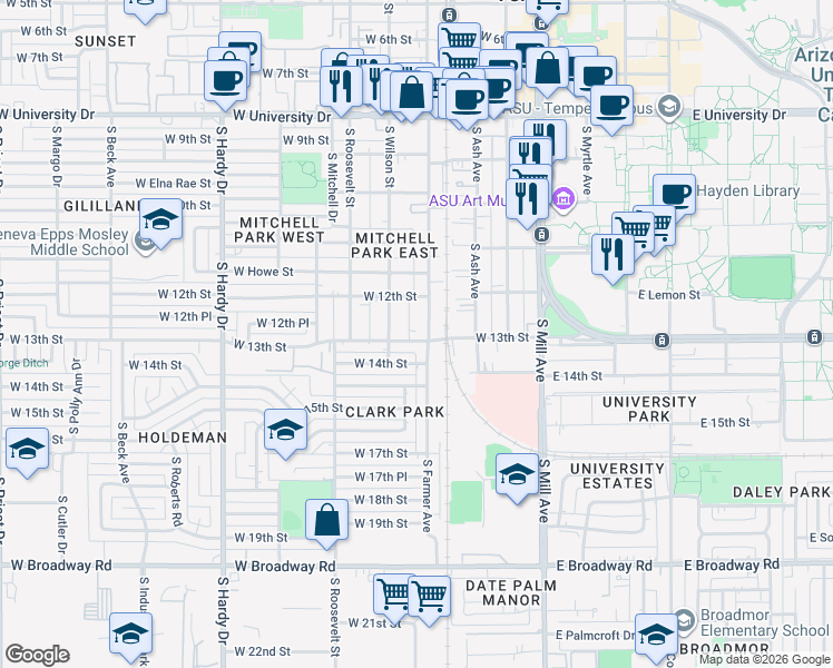 map of restaurants, bars, coffee shops, grocery stores, and more near 1218 South Farmer Avenue in Tempe